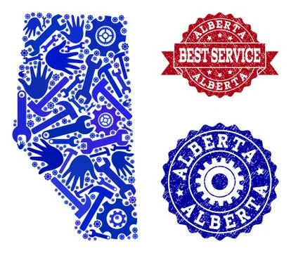 Best Service Collage of Map of Alberta Province and Grunge Watermarks Stock Illustration