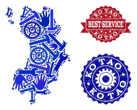 Best Service Collage of Map of Ko Tao and Scratched Stamps Stock Illustration