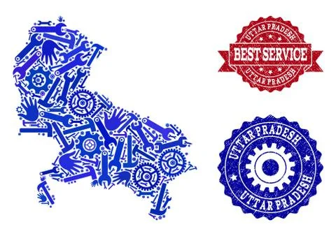 Best Service Collage of Map of Uttar Pradesh State and Scratched Seals 스톡 일러스트