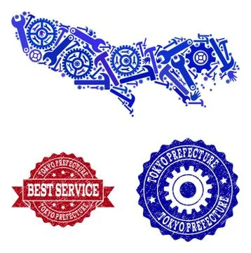Best Service Composition of Map of Tokyo Prefecture and Rubber Watermarks Stock Illustration