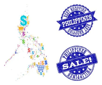 Best Shopping Composition of Mosaic Map of Philippines and Distress Stamps Illustrazione stock