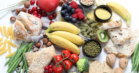 Best Sources of Carbs on a white background. Top view Stock Footage 170878604