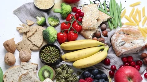 Best Sources of Carbs on a white background. Top view Stock Footage 171099557