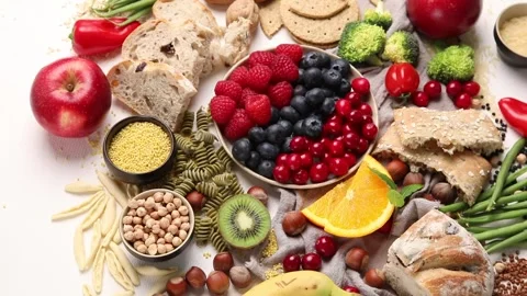 Best Sources of Carbs on a white background. Top view Stock Footage 171198330