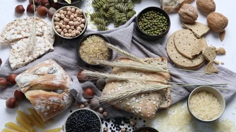 Best Sources of Carbs on a white background. Top view Stock Footage 171198460