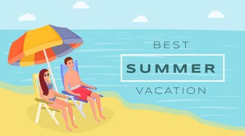 Best summer resort flat vector banner. Spouses sitting on ocean, seashore under Stock Illustration