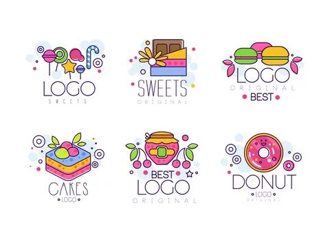 Best sweets logo design set. Tasty desserts hand drawn labels and badges hand Stock Illustration