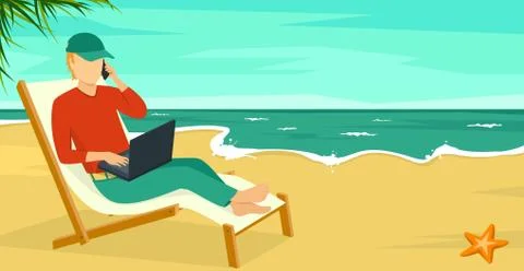 Best Work Concept Beach Summer Sea with Man and Laptop Stock Illustration