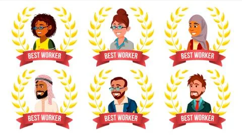 Best Worker Employee Set Vector. Man, Woman. Arab, Turkish, European, Afro Stock Illustration