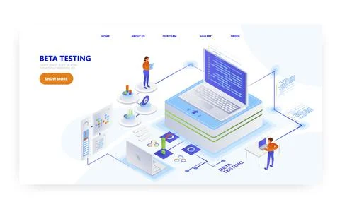 Beta testing, landing page design, website banner vector template. Software Stock Illustration