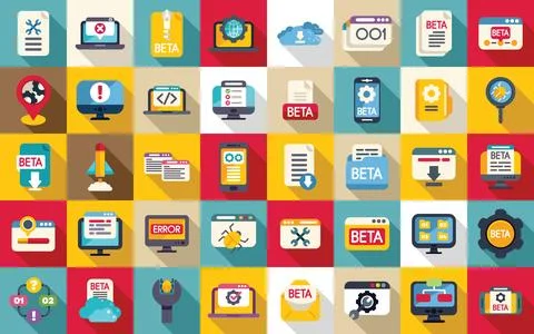 Beta version icons set flat vector. Build code bug Stock Illustration