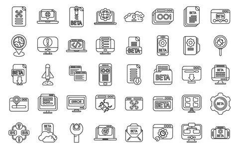 Beta version icons set outline vector. Build code bug Stock Illustration