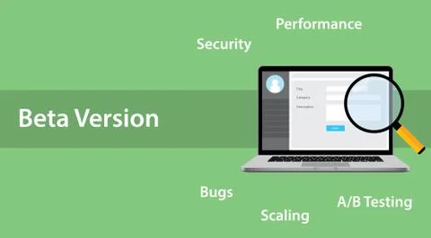Beta version software concept with laptop and magnifying glass error bug bugs a Illustrazione stock