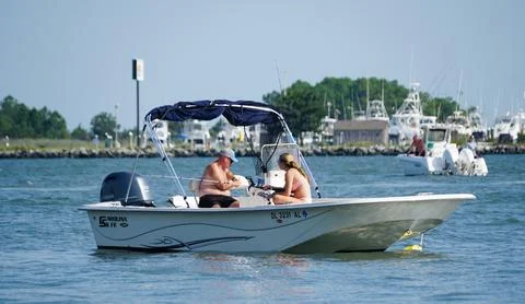 Bethany Beach, Delaware, U.S - August 6, 2024 - Anglers on the pontoon boat.. Stock Photos