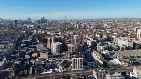 Bethnal Green old gasholder development Regents view pull back drone aerial Video stock 300540922