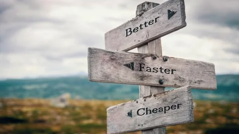 Better faster cheaper text quote on wooden signpost outdoors in nature. Slow  Stock Footage 170629415