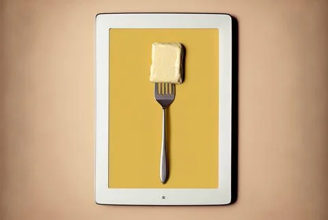 Between a fork and a butter knife on a beige backdrop, a digital tablet Stock Illustration
