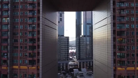 Between Skyscrapers Aerial Footage, Pullback Shot, Dusk, Sunset, Hong Kong Stock Footage 247934807