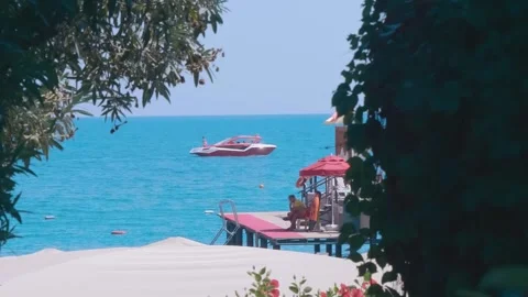 Between the tree branches on the beach you can see red motorboat slowly floating Stock Footage 323923223