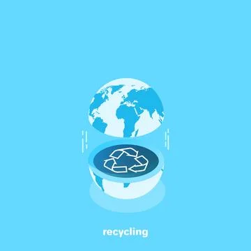 Between the two halves of the globe is a recycling icon, an isometric image Stock Illustration