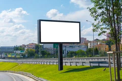 Between two ways billboard canvas mockup in city and blue sky background. Bea 스톡 사진