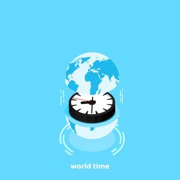 Between the upper and lower halves of the globe are a large clock, an isometr Illustrazione stock