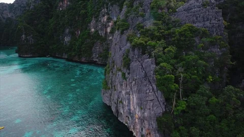 Betweet limestone cliffs over the ocean, Aerial shot, Thailand Video stock 89950022
