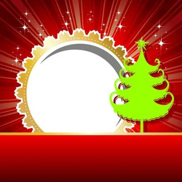 Beutiful  card with green Xmas tree &amp; golden color frame in red rays backgr.. Stock Illustration