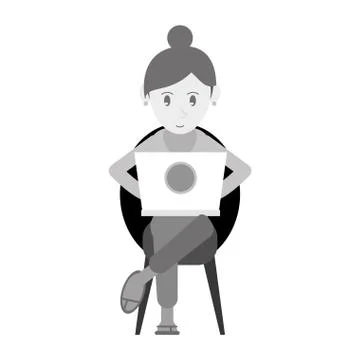 Beutiful girl using laptop sitting monochromatic Stock Illustration
