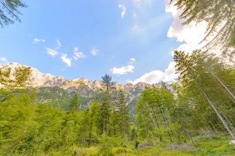 A beutiful landscape in the mountains, clouds above peaks and forest in Stock Photos