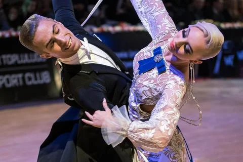A Beutiful Photo of a Dancing Couple at a WDSF Ballroom Competition Stock Photos