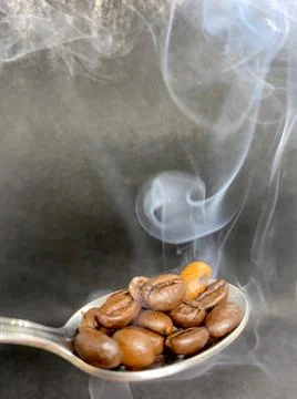 Beverage background of roasted coffee beans in spoon isolated on dark backgro Stock Photos