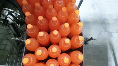 Beverage Bottles Lined Up on a Rack in a Factory Stock Footage 317738910