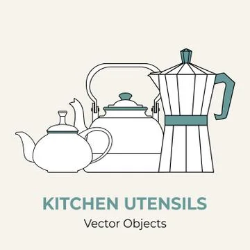 Beverage coffee tea concept vector isolated. Tea pot kettle moka pot coffeemaker Stock Illustration