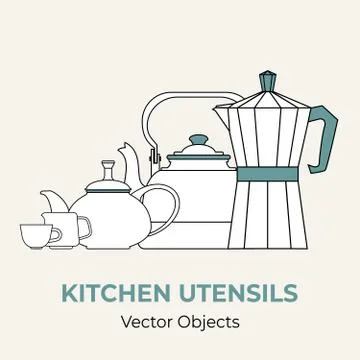Beverage coffee tea set concept vector isolated. Tea pot kettle cup jug moka  Stock Illustration