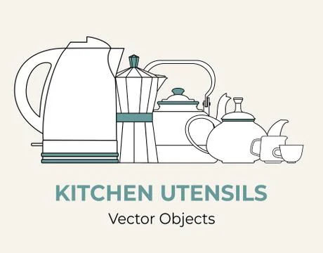Beverage coffee tea set concept vector isolated. Tea pot kettle cup jug moka pot Stock Illustration