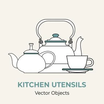 Beverage coffee tea set concept vector isolated. Kettle tea cup saucer teapot Stock Illustration