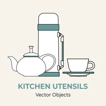 Beverage coffee tea set concept vector isolated. Tea pot thermos thermo bottl Stock Illustration