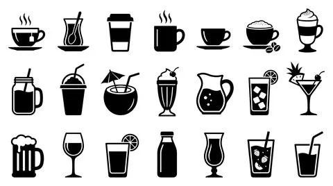 Beverage drink icon set with each rendered clean minimalist lines Stock Illustration