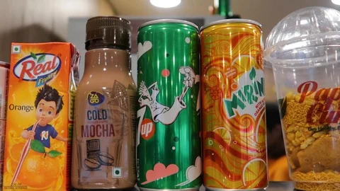 Beverage drinks in many different flavours in a row. Stock-Footage 121445324