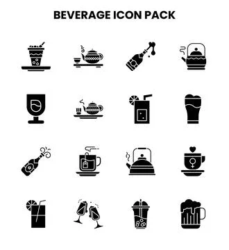 Beverage Glyph Bundle Icons Pack Stock Illustration