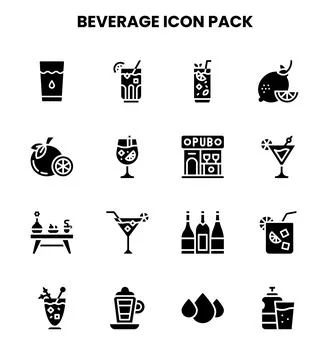 Beverage Glyph Bundle Icons Pack Stock Illustration