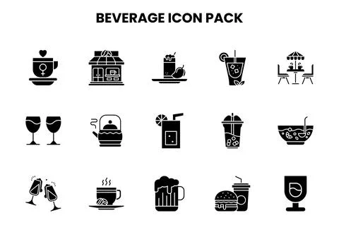 Beverage Glyph Set Icons Pack Stock Illustration