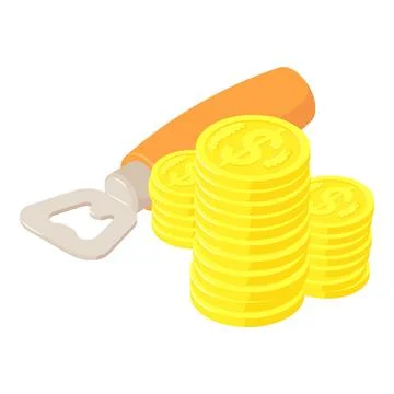 Beverage production icon isometric vector. Wooden bottle opener and coin stack Stock Illustration