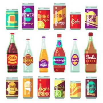 Beverage soft and energy drinks vector flat icons. Drink bottle and can set Stock Illustration