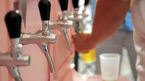 Beverage Taps at Drink Dispensing Station Close Up. Stock Footage 345781488