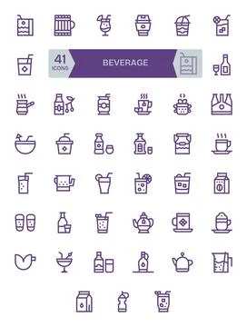 Beverage Visual Pack containing 41 Bold Line Grid Fitted Vector Icons Stock Illustration