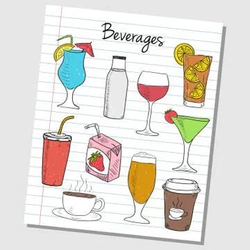 Beverages doodles - lined paper Stock Illustration