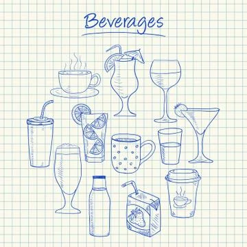 Beverages doodles - squared paper Stock Illustration