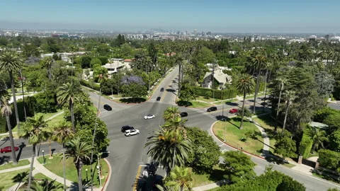 Beverly Hills Beverly Dr Intersection Aerial Shot Towards Downtown Forward Video stock 336615436